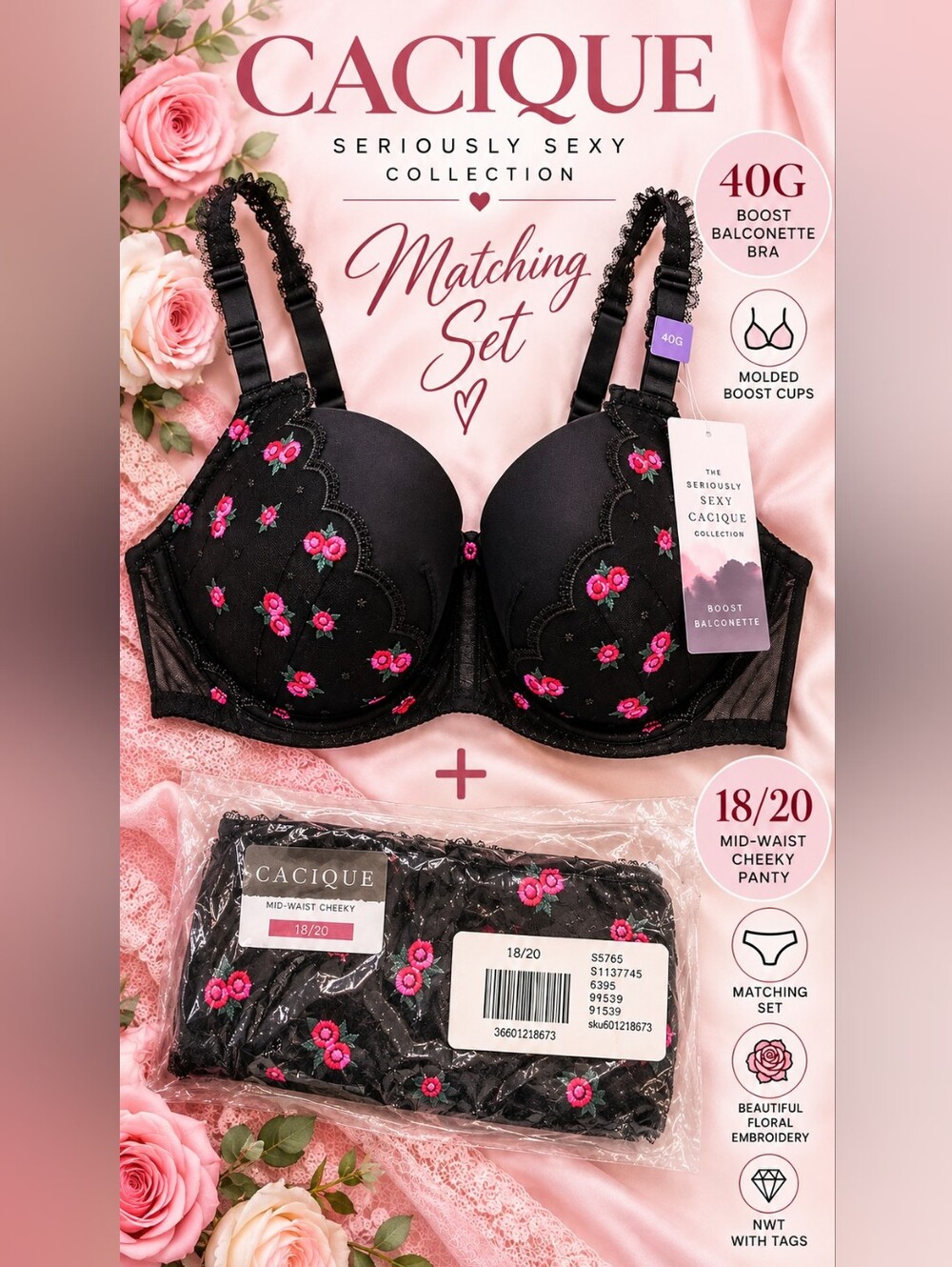 NWT Cacique 40G Bra AND Panty 18/20 Seriously Sexy Floral Matching Set